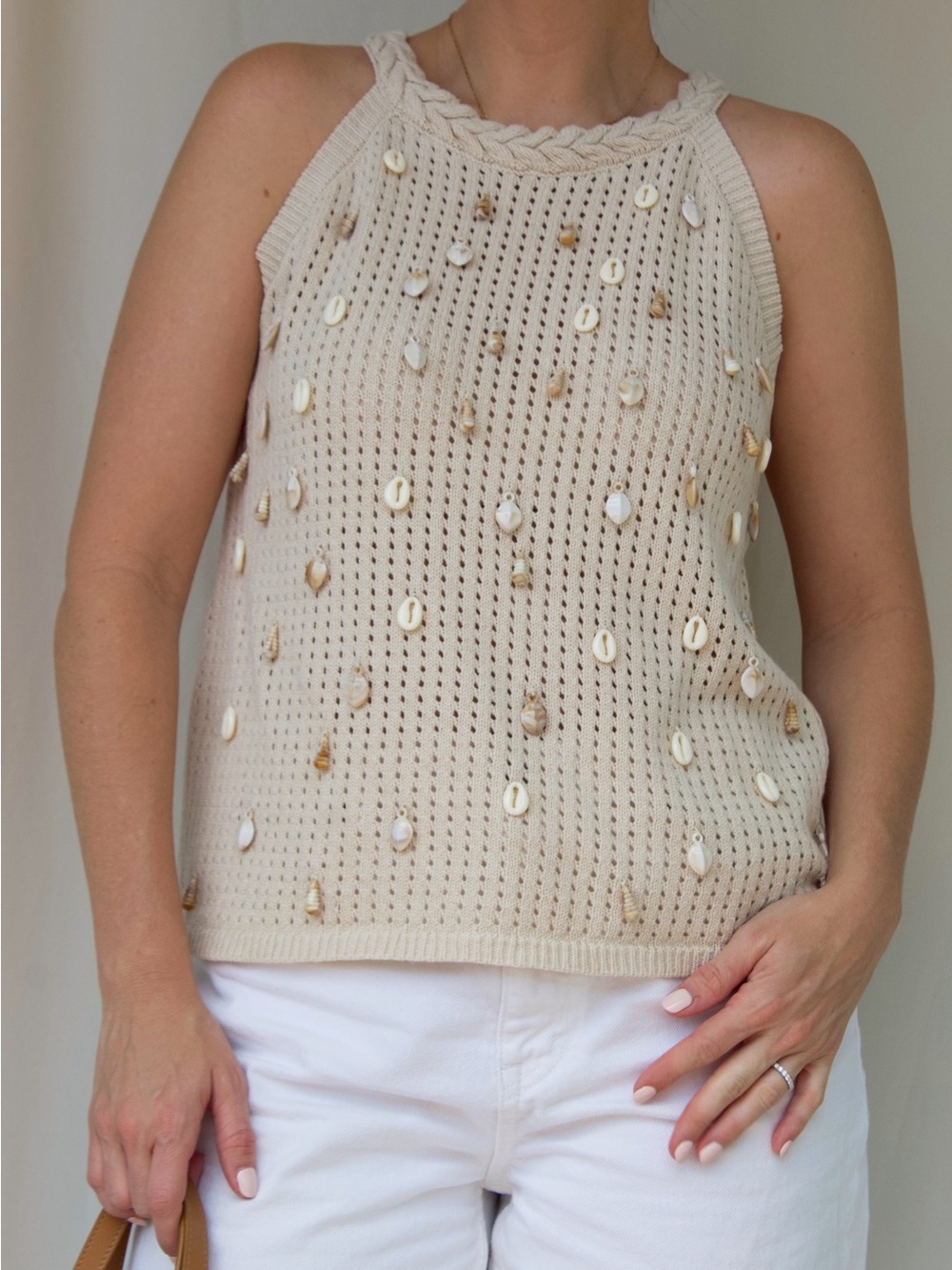 Able Cream Crochet Shell Halter Tank with Bead Embellishments
